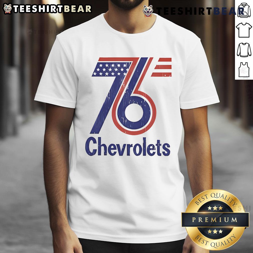 Good Chevrolet Red & Blue 76' Graphic T Shirt Alt Text: Good Chevrolet Red & Blue 76 Graphic T-Shirt featuring a vintage design, perfect for car enthusiasts and collectors.