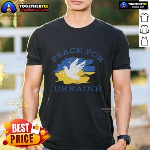 Support Ukraine T-Shirt featuring the Ukraine flag, dove, and symbols of peace, hope, and freedom.