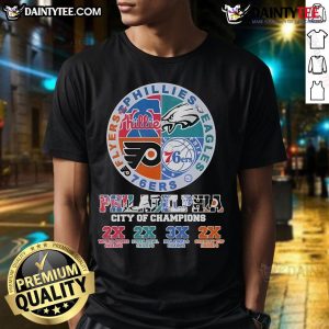 Hot Eagles X Phillies X 76ers X Flyers Philadelphia Super Bowl NBA Finals Stanley Cup T-Shirt featuring team logos.