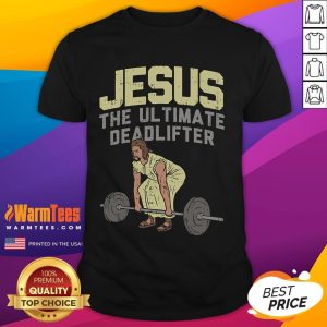 Funny Deadlift Jesus graphic on a Christian weightlifting gym t-shirt for fitness enthusiasts and believers.
