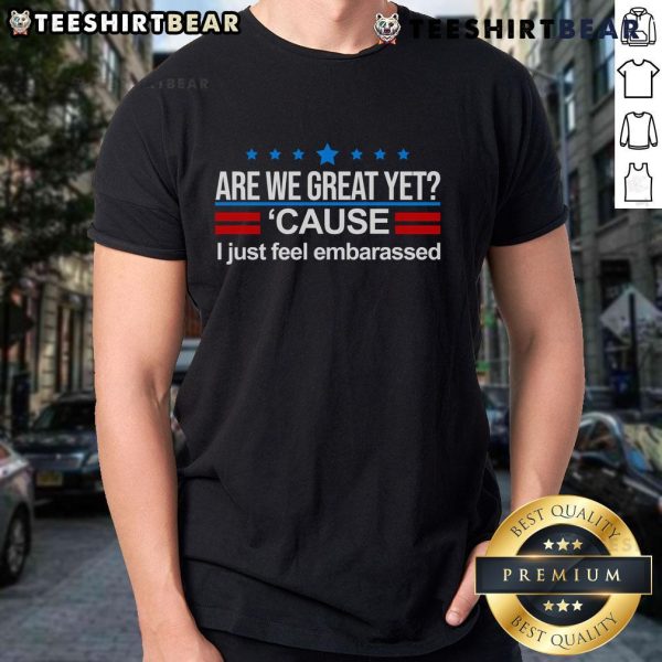 Top Are We Great Yet I Just Feel Embarrassed Stripe T-Shirt in vibrant colors, perfect for casual wear and self-expression.