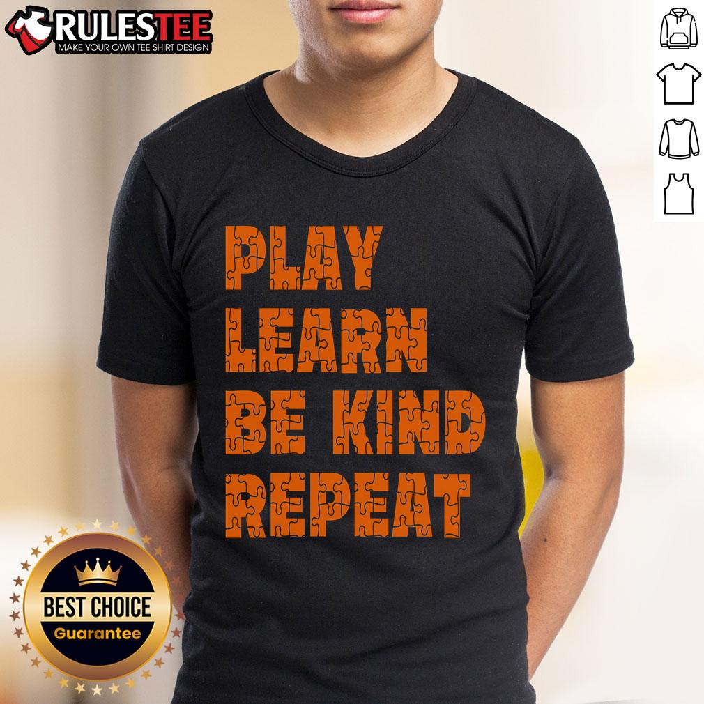 Awesome Play Learn Be Kind Repeat Autism Awareness Unity Day Orange T Shirt Alt Text: Orange Autism Awareness Unity Day T-Shirt featuring 'Awesome Play Learn Be Kind Repeat' design for support and inclusivity.