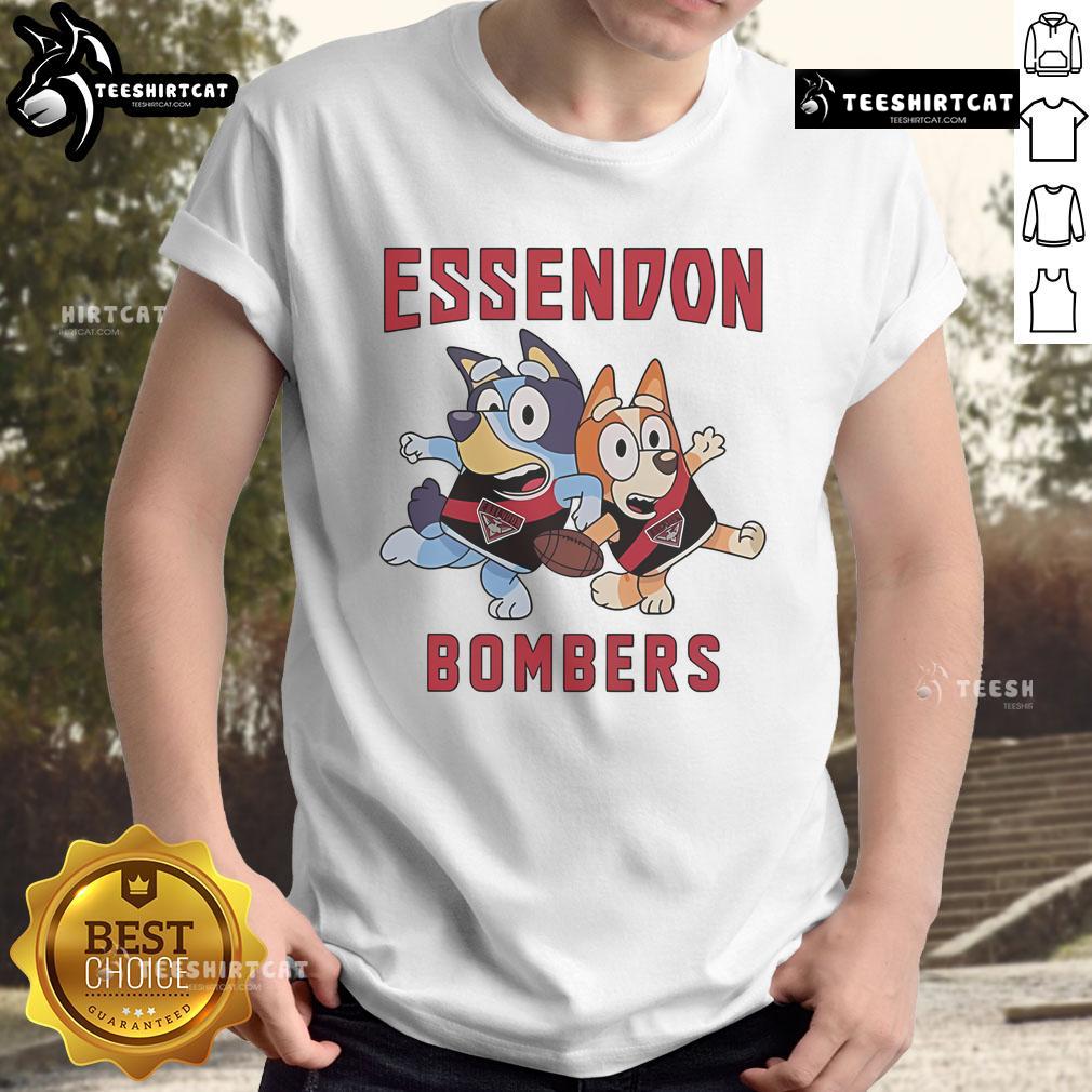 Cute Essendon Bombers Bluey Bandit Heeler And Chilli Heeler T Shirt Alt Text: Cute Essendon Bombers Bluey Bandit Heeler and Chilli Heeler T-Shirt featuring playful cartoon designs.