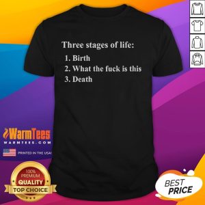 Funny Three Stages of Life T-Shirt featuring 'Birth, What The Fck Is This, Death' graphic design for humorous apparel.