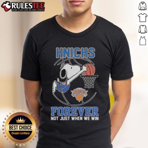 Alt Text: Cute Snoopy Dunk New York Knicks Forever T-Shirt featuring Snoopy celebrating basketball, perfect for Knicks fans.