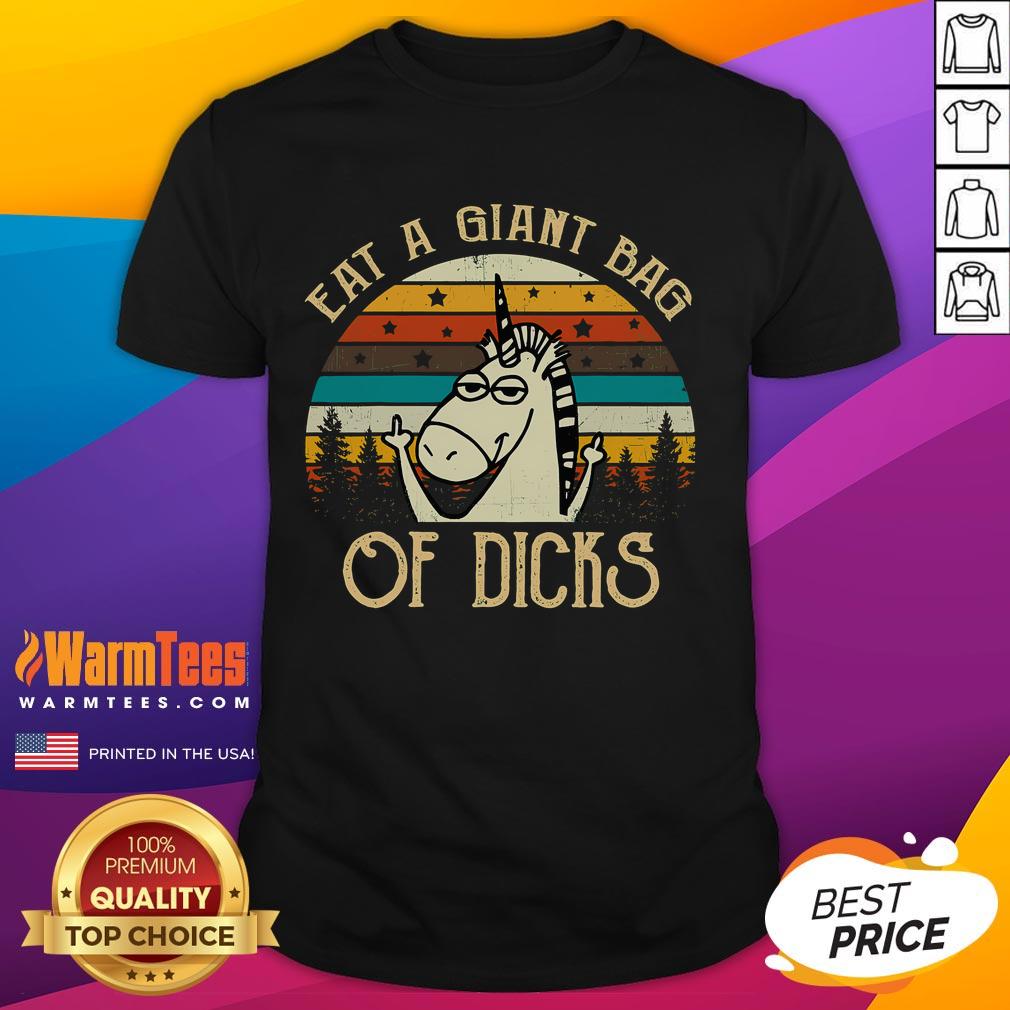 Funny Eat A Giant Bag Of Dicks Unicorn Vintage Sunset T Shirt Funny 'Eat A Giant Bag Of Dicks' Unicorn Vintage Sunset T-Shirt design featuring a colorful unicorn against a retro sunset.