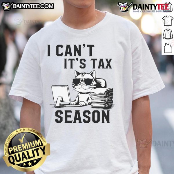 Alt Text: Cute kitten wearing a Funny I Can't It's Tax Season T-shirt, perfect for cat owners during tax day.
