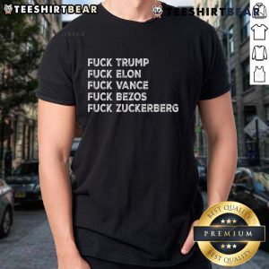 Top Fck Trump Fck Elon Fck The Billionaires T-Shirt design featuring bold protest slogans in eye-catching typography.