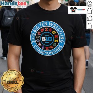 Official Big Ten 2025 Wrestling Tournament T-Shirt featuring team logos and event details, perfect for fans and athletes.
