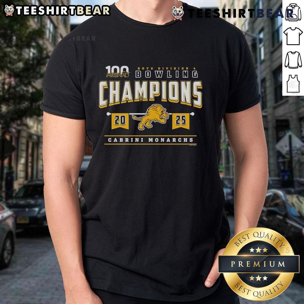 Official 2025 Mhsaa Boys Bowling D4 Champions Cabrini Monarchs T Shirt Alt Text: 2025 MHSAA Boys Bowling D4 Champions Cabrini Monarchs T-Shirt featuring team logo and winning design.