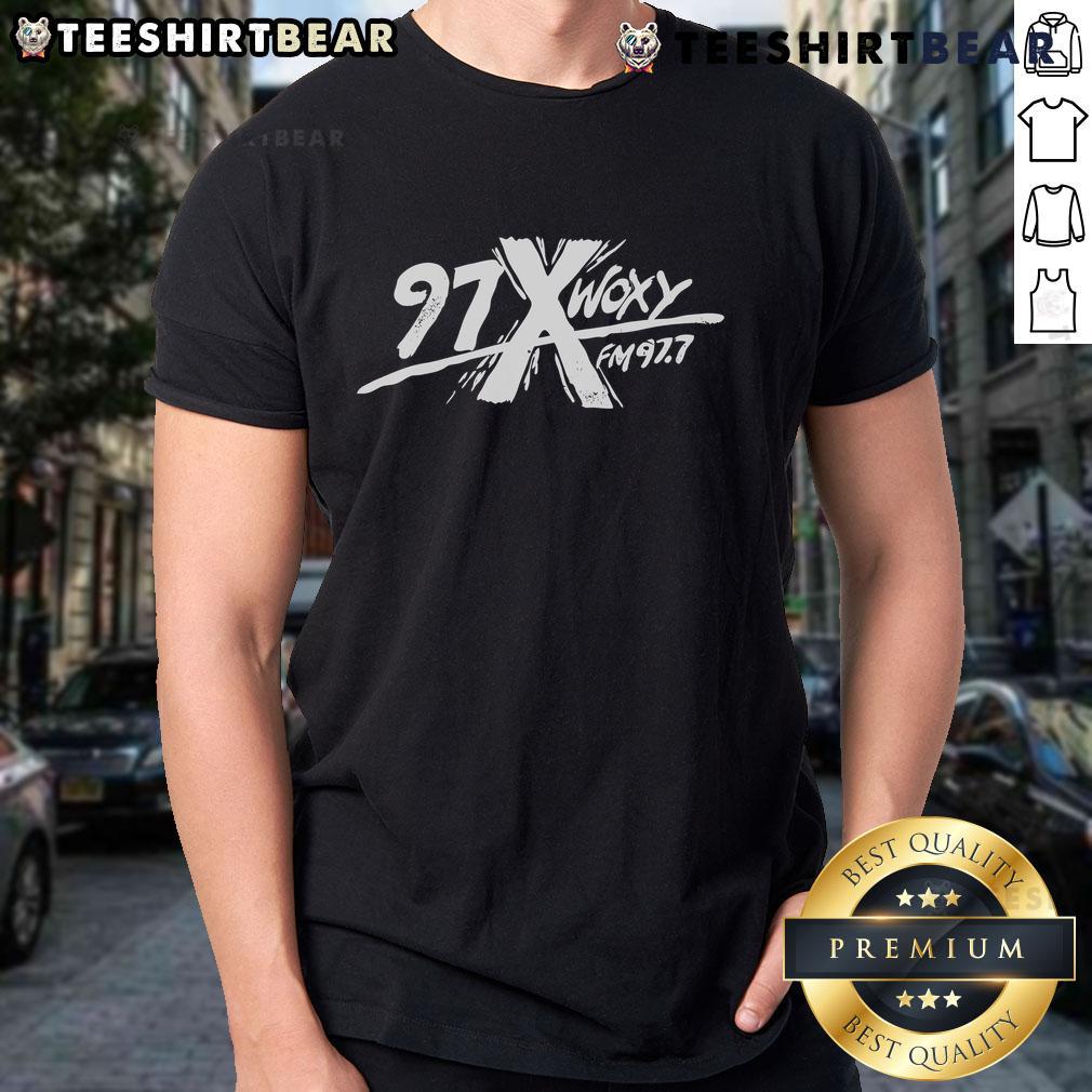 Official 97X Woxy T Shirt Alt Text: Official 97X Woxy T-Shirt featuring a retro design, perfect for fans of alternative rock and vintage music apparel.
