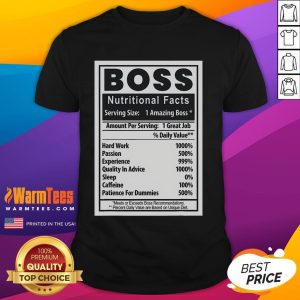Funny Boss's Day Nutritional Facts T-Shirt featuring humorous graphics and playful text about office life and bosses.