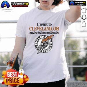 Man wearing a Cleveland Steamer Train T-shirt in Cleveland, OH, showcasing local culture and unique apparel.